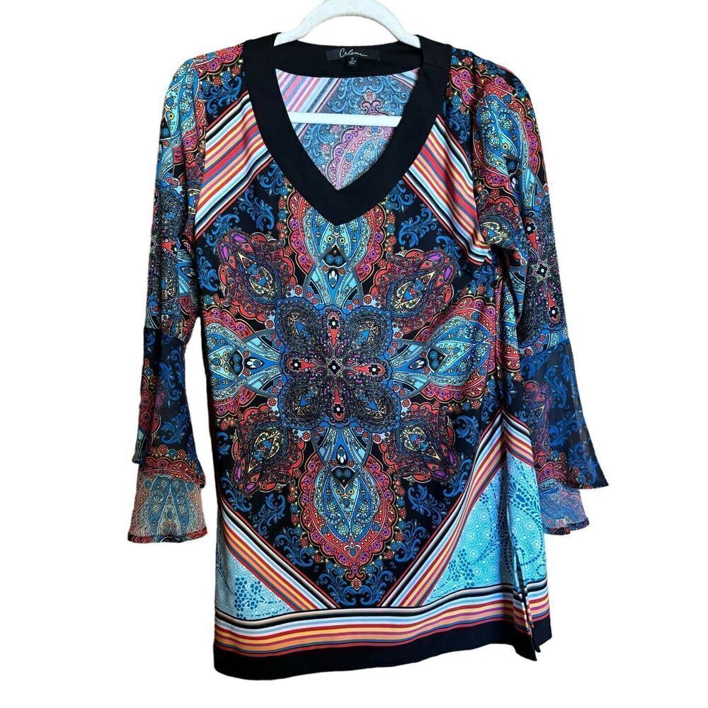 Calessa Tunic Top Womens Medium Multicolor Paisley Boho Bell Sleeve Blouse
